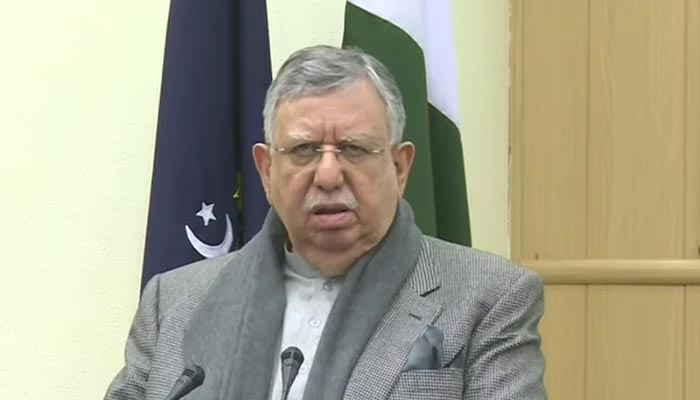 Federal Minister for Finance and Revenue Shaukat Tarin addressing a press conference in Islamabad. — YouTube screengrab