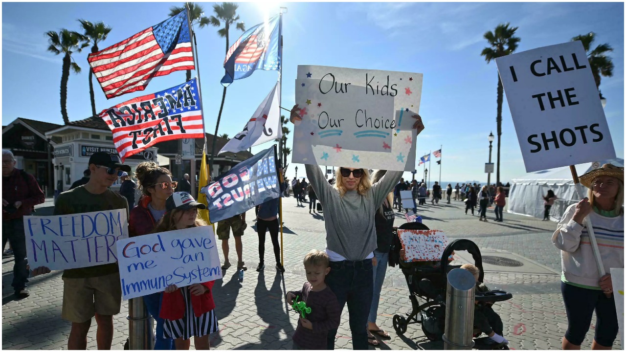 Anti-vaccine protesters in the United States, which announced well over a million new Covid cases. — AFP