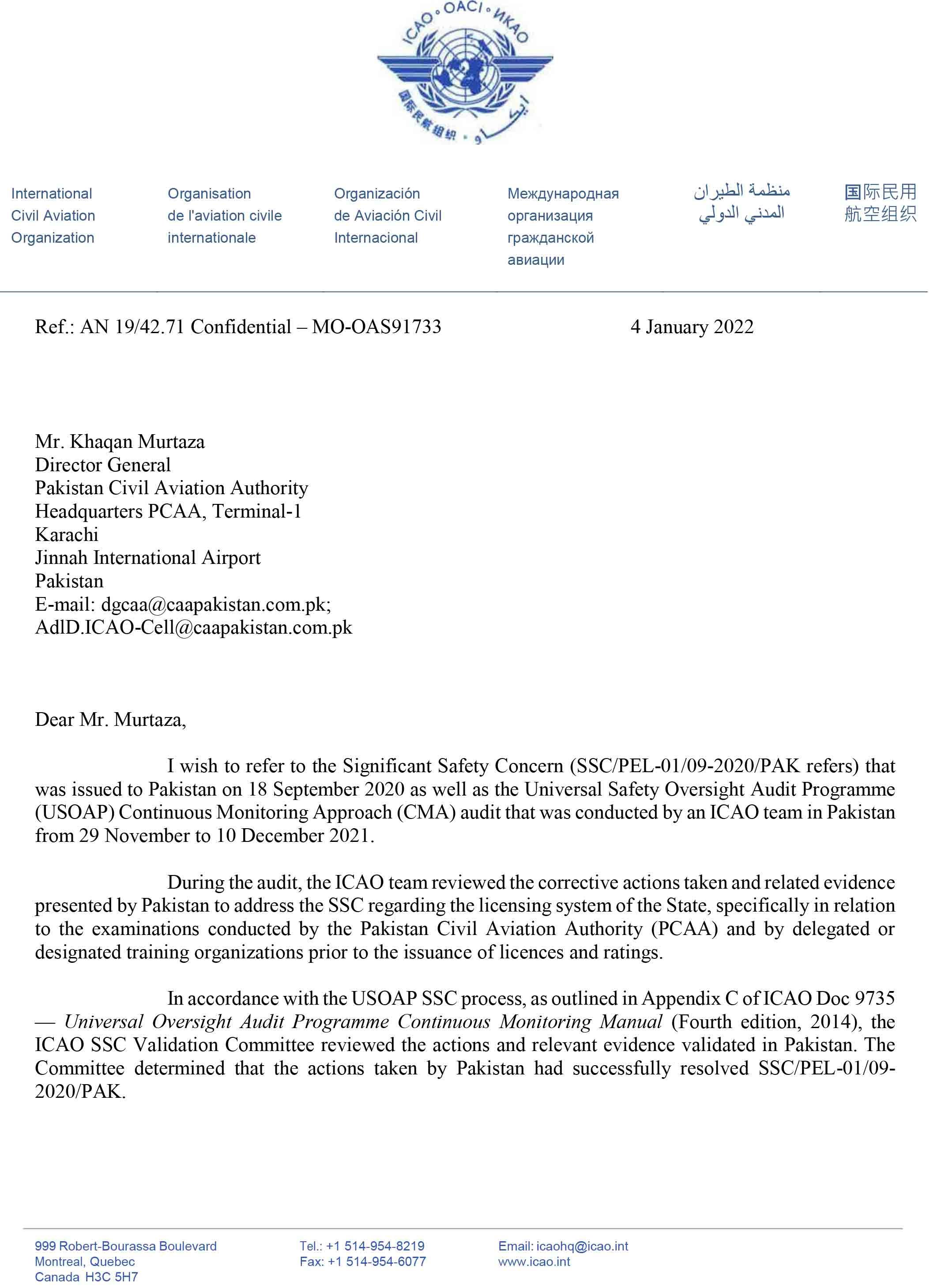 ICAO letter to Pakistan