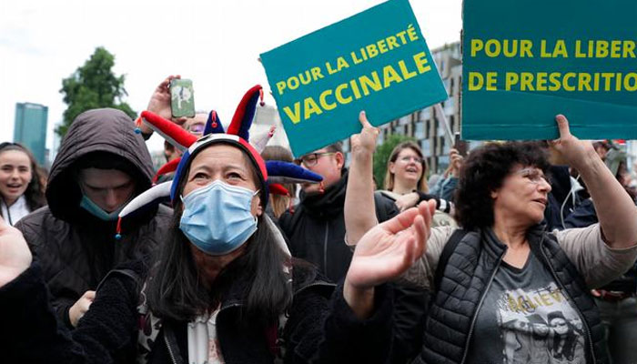 People in huge numbers protested in France against the governments planned law to restrict rights of the unvaccinated. File photo
