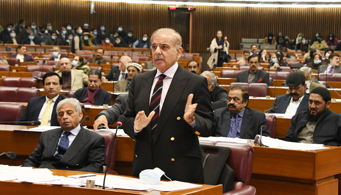 Leader of the Opposition in the National Assembly Shahbaz Sharif speaking during a session of the lower house on January 11, 2022.  - Twitter/@NAof Pakistan