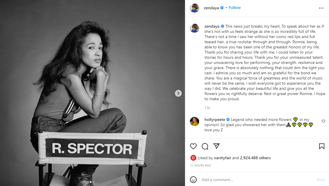 Zendaya pens tribute for Ronnie Spector, hopes to make her ‘proud’ in biopic