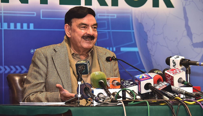 Minister for Interior Sheikh Rasheed Ahmed addressing a press conference in Islamabad, on January 14, 2022. — PID