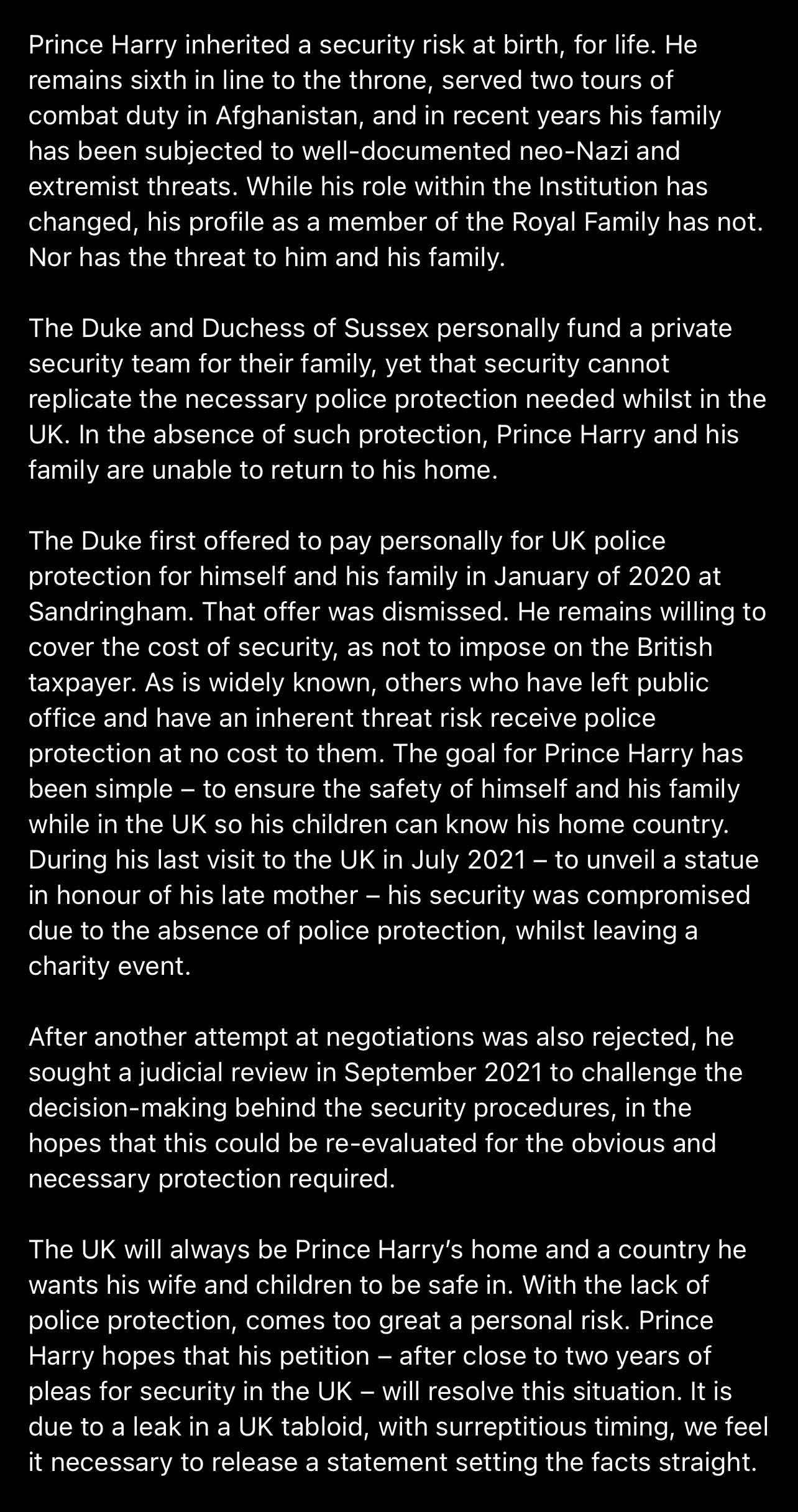 Full statement from Prince Harrys legal representative on Dukes security in UK