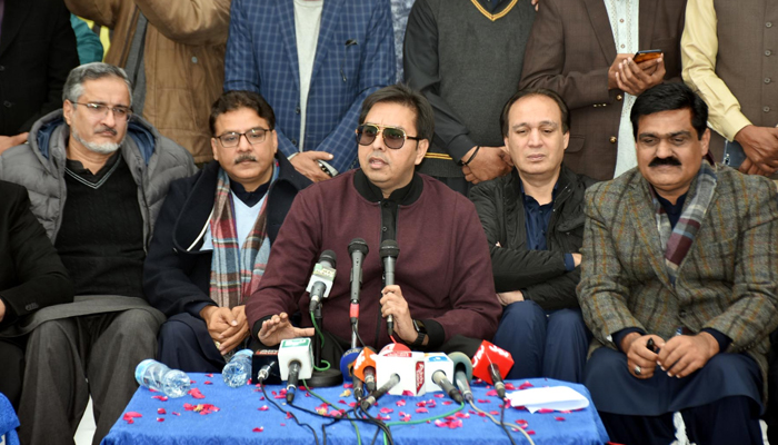 Special Assistant to the Prime Minister on Political Communication Shahbaz Gill addressing a media conference in Faisalabad, on January 16, 2022. — PID