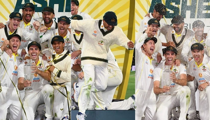 This combination of photos shows Usman Khawaja, the first Muslim cricketer to play for Australia, participates in a group photo after stepping aside to avoid being sprayed with alcohol. Photo — AFP