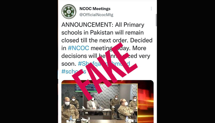 NCOCs authentic Twitter handle @OfficialNcoc posted a fake news alert, attaching a screenshot of the fake account @OfficialNcocMtg falsely attributing primary school closure to NCOC, on January 18, 2022. — Twitter/NCOC
