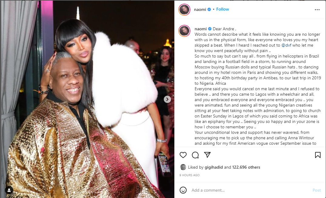 Naomi Campbell pens emotional tribute to André Leon Talley, rest easy king