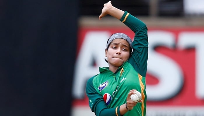 Pakistani pacer Fatima Sana in the run up to bowling a delivery. — Photo courtesy PCB