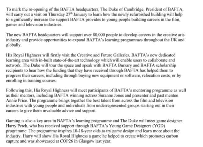 Kensington Palace issues statement on Prince Williams BAFTA visit