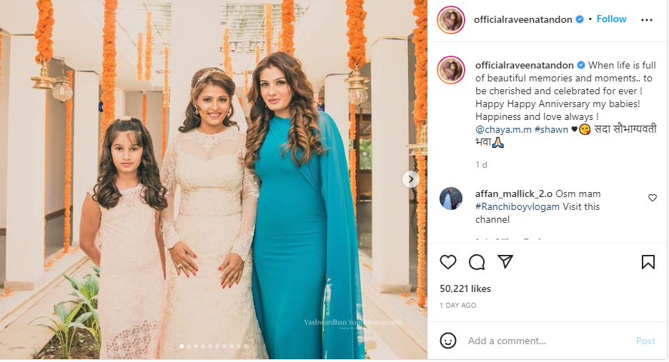 Raveena Tandon posts rare pics from daughter Chaya’s wedding, wishes her on anniversary