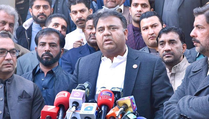 Federal Minister for Information and Broadcasting Chaudhry Fawad Hussain talking to journalists in Jehlum, on January 29, 2021. — APP