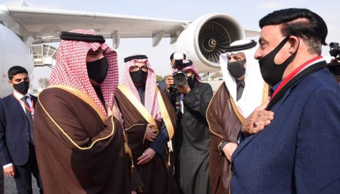 Interior Minister Sheikh Rashid welcomes his Saudi counterpart Prince Abdulaziz bin Saud bin Naif at Nur Khan Airbase. Photo: APP