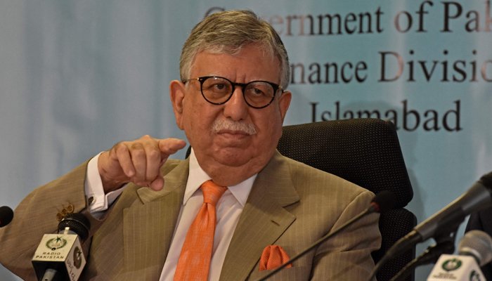 Shaukat Tarin gestures during a pre-budget press conference in Islamabad on June 10, 2021. — AFP/File