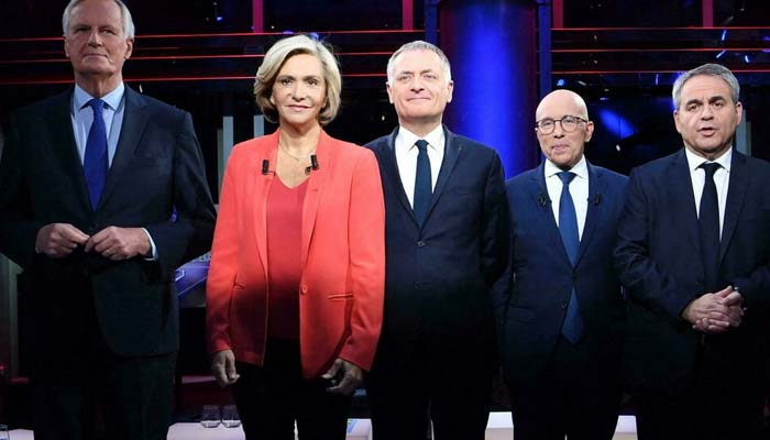 (L-R) Les Republicains candidates for the 2022 presidential election Michel Barnier, Valerie Pecresse, Philippe Juvin, Eric Ciotti and Xavier Bertrand. — AFP/File
