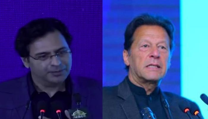 PML-Q leader and federal water resources minister Moonis Elahi (left) and Prime Minister Imran Khan speaking at an international symposium on hydropower development in Islamabad, on February 14, 2022. — YouTube/PID