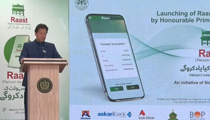 Prime Minister Imran Khan addresses launching ceremony of “Raast person-to-person instant payment system in Islamabad. Photo: Radio Pakistan