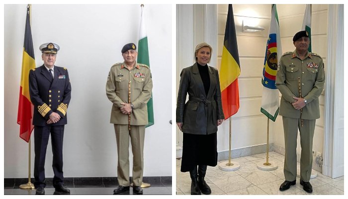 (L-R) Chief of Army Staff General Qamar Javed Bajwa with Belgiums Chief of Defence Admiral Michel Hofman and Defence Minister Ludivine Dedonder. — ISPR