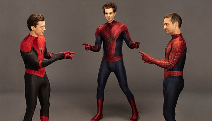 Tom Holland, Tobey Maguire and Andrew Garfield pose for iconic Spider-Man meme