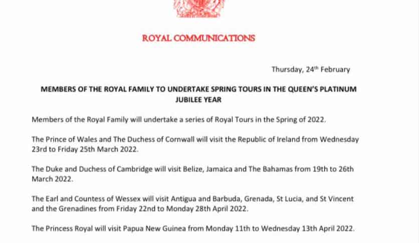 Buckingham Palaces full statement on royal familys spring tours