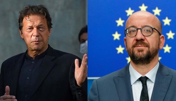 Prime Minister Imran Khan (L) and European Council President Charles Michel. — AFP