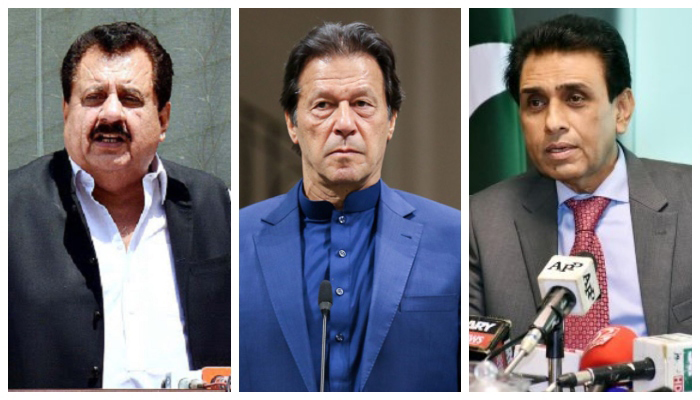Minister for Housing and Works Tariq Bashir Cheema (left), Prime Minister Imran Khan (centre), and MQM-P Convener Khalid Maqbool Siddiqui (right). — APP/AFP/Twitter/File