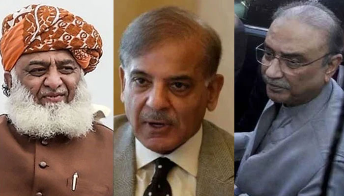 (PDM) chief Maulana Fazlur Rehman (L), PML-N President Shahbaz Sharif (C), PPP co-chairman  Asif Ali Zardari (R). Photo: Goe News/ file