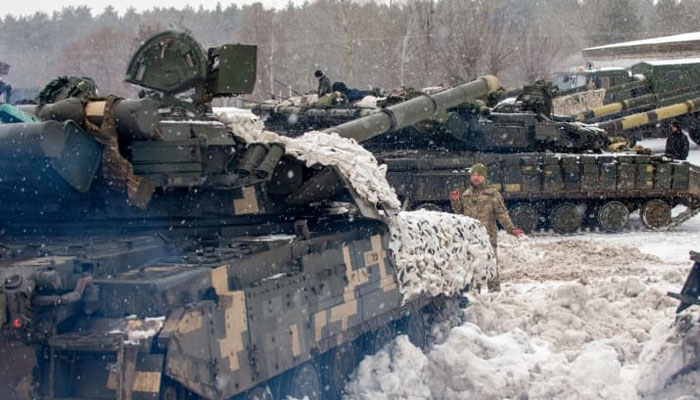 A photograph shows tanks of the 92nd separate mechanized brigade of Ukrainian Armed Forces parked in their base near Klugino-Bashkirivka village, in the Kharkiv region on January 31, 2022. AFP