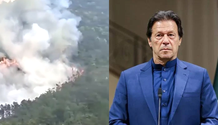 Mountain fire caused by Boeing 737-800 flight crash in southern China, on March 21, 2022 (left) and Prime Minister Imran Khan. — Twitter/AFP