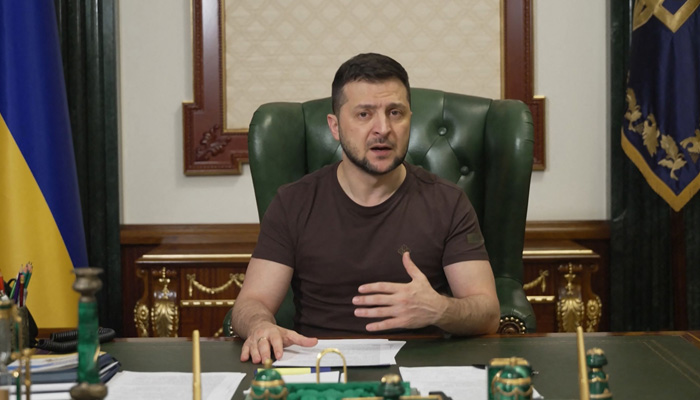 In this file photo taken on March 20, 2022 in this handout picture released by the Ukrainian Presidency Press Office, Ukrainian President Volodymyr Zelensky delivers a video address in Kyiv.-AFP