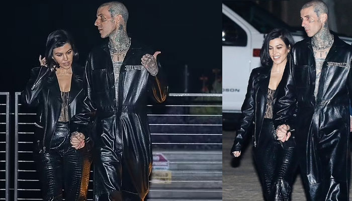 Kourtney Kardashian and Travis Barker turn heads in leather ensembles at Khloes party