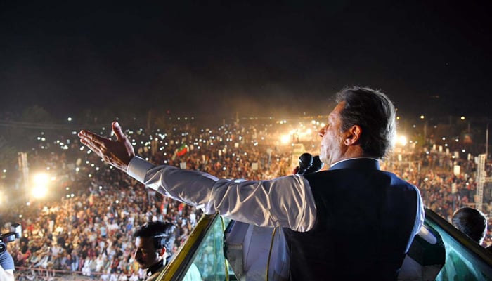 Prime Minister Imran Khan addressing a jalsa in Islamabad on Monday ahead of the session on the no-confidence motion against him. Photo: PID