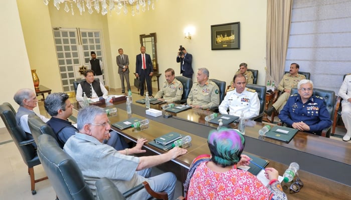 Prime Minister Imran Khan chairs the 37th meeting of the National Security Committee (NSC) at the PM Office in Islamabad, on March 31, 2022. — PMO