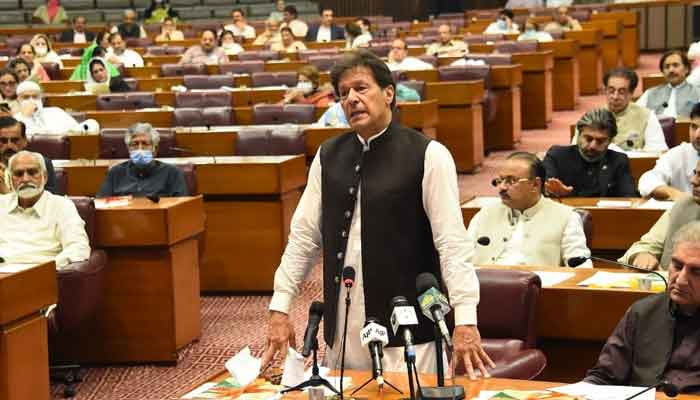 Prime Minister Imran Khan addresses a session of the National Assembly, following the passing of the federal budget a day earlier, on June 30, 2021. — Photo courtesy Twitter/NAofPakistan