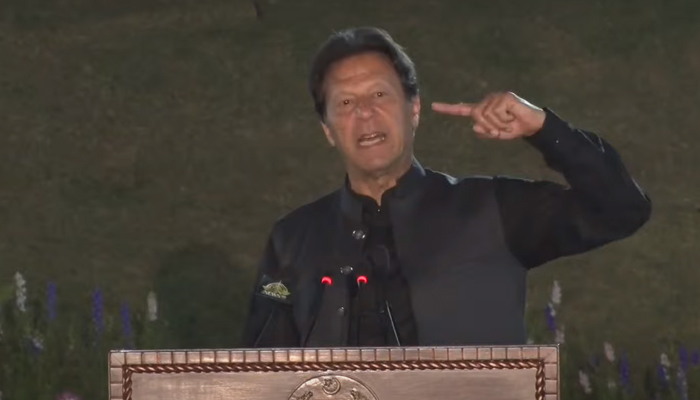 Prime Minister Imran Khan speaks during a dinner ceremony of government lawmakers at the PM House in Islamabad, on April 2, 2022. — YouTube/PTV