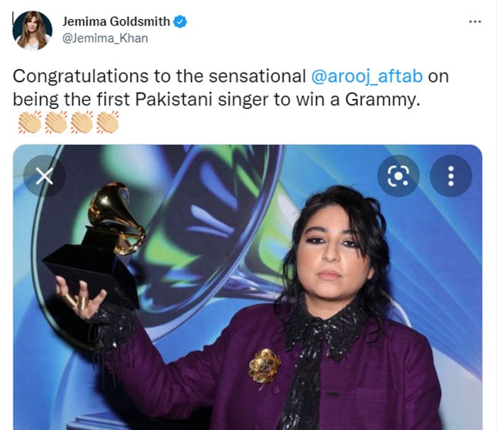 Jemima Goldsmith congratulates 'sensational' Arooj Aftab on winning a Grammy