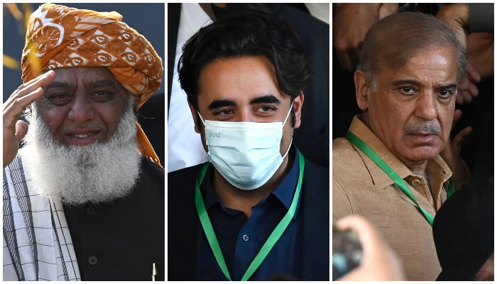 (L to R) PDM chief Fazlur Rehman gestures as he arrives to attend a press conference with leader of Muttahida Qaumi Movement (MQM-P), Khalid Maqbool Siddiqui (not pictured) in Islamabad on March 30, 2022, Chairman of Pakistan Peoples Party (PPP) Bilawal Bhutto Zardari, leaves after a hearing outside the Supreme Court building in Islamabad on April 7, 2022, Opposition Leader Shahbaz Sharif, leaves after a hearing outside the Supreme Court building in Islamabad on April 7, 2022. — AFP