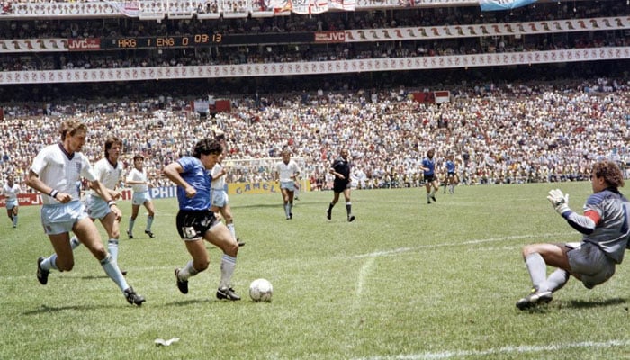 The jersey worn by Diego Maradona when he scored twice against England in the 1986 World Cup, including the infamous “hand of God” goal, is to be auctioned off later this month, Sotheby’s announced on Wednesday. (AFP)
