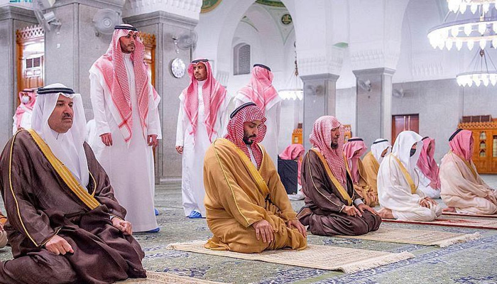 Saudi Crown Prince Mohammed bin Salman prays inside Quba Mosque in Madina. — Courtesy SPA