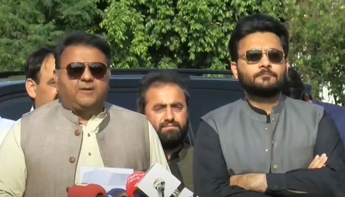 Minister for Information and Law Fawad Chaudhry (left) and State Minister for Information and Broadcasting Farrukh Habib addressing a press conference in Islamabad, on April 8, 2022. — YouTube/HumNewsLive
