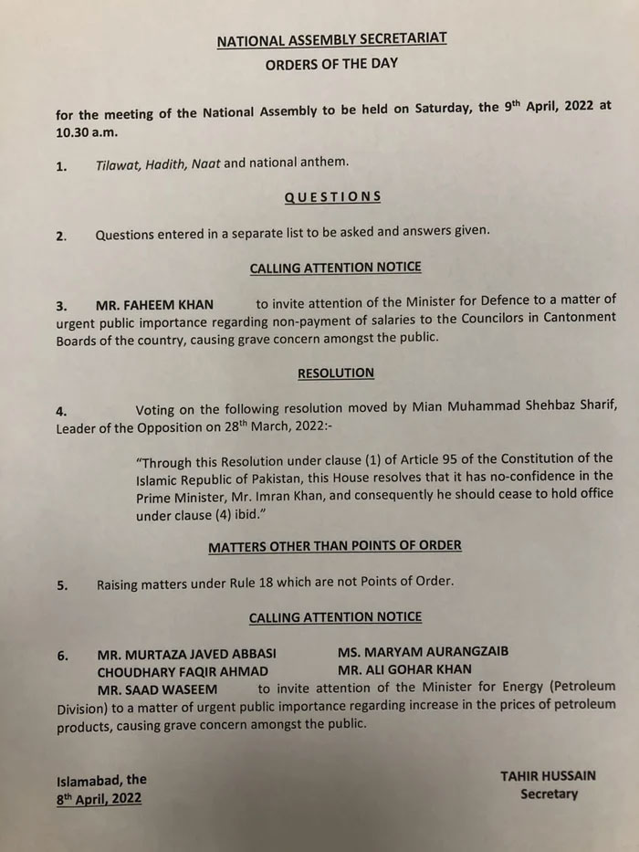 NA session summoned for tomorrow to vote on no-confidence motion against PM Imran Khan