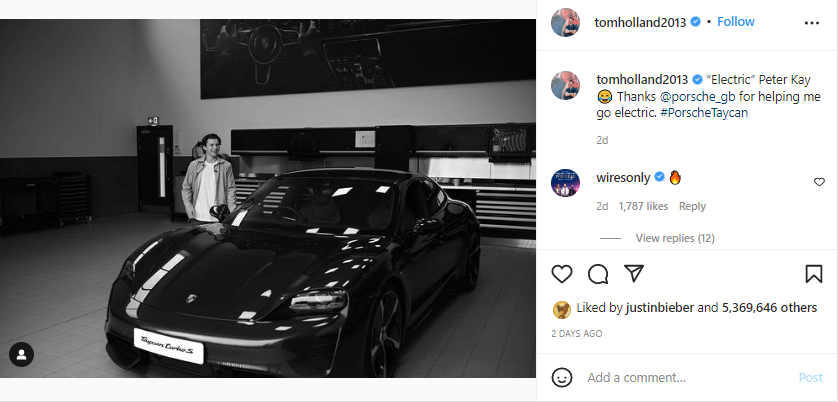 Tom Holland returns to Instagram, flaunts his new Porsche Taycan