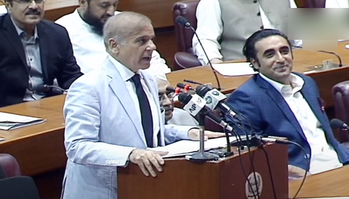 Newly-elected Prime Minister Shehbaz Sharif delivering his first speech at the National Assembly. — YouTube/ PTV Parliament
