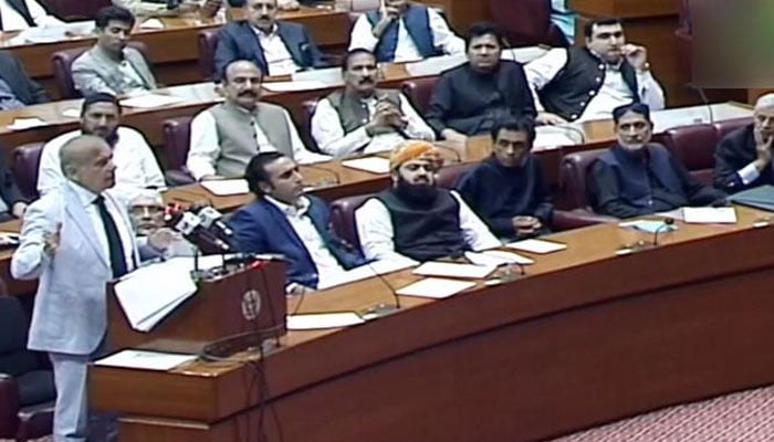 Prime Minister-elect  Shahbaz Sharif is addressing the National Assembly. Photo: Geo News/screengrab