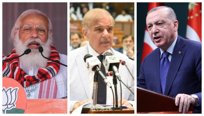 (L to R) Indian Prime Minister Narendra Modi, Prime Minister Shehbaz Sharif, and Turkish President Recep Tayyip Erdogan. — AFP/PID