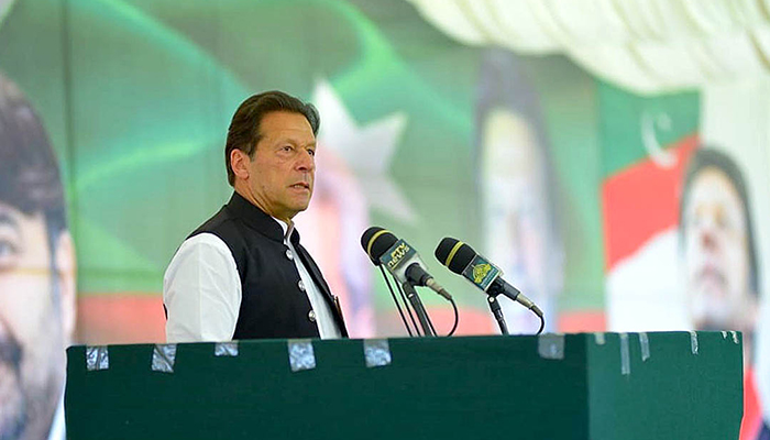 Ex-prime minister Imran Khan addresses a public gathering in Lahore, on April 5, 2022. — APP