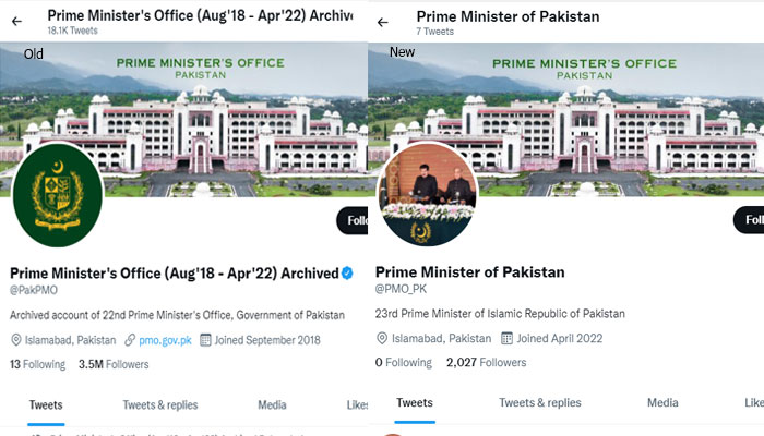 Screengrabs of old and new Twitter handles of Prime Minister Office.