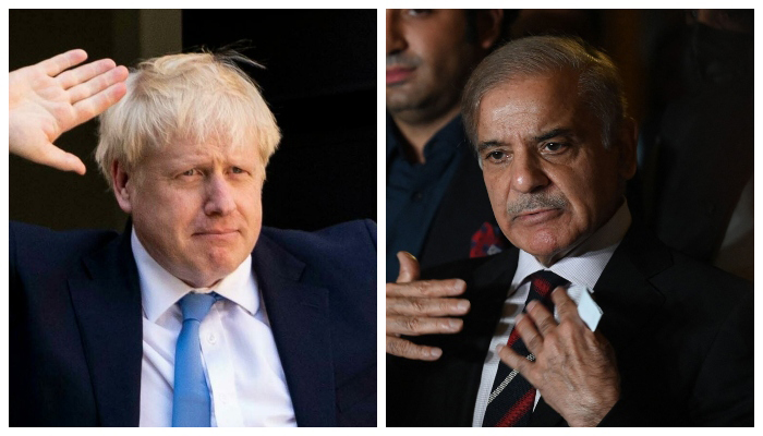 Prime Minister Shehbaz Sharif speaks during a press conference with other parties leaders in Islamabad on April 7, 2022, after a Supreme Court verdict (right) and UK Prime Minister Boris Johnson at the Conservative party headquarters in central London. — AFP/File
