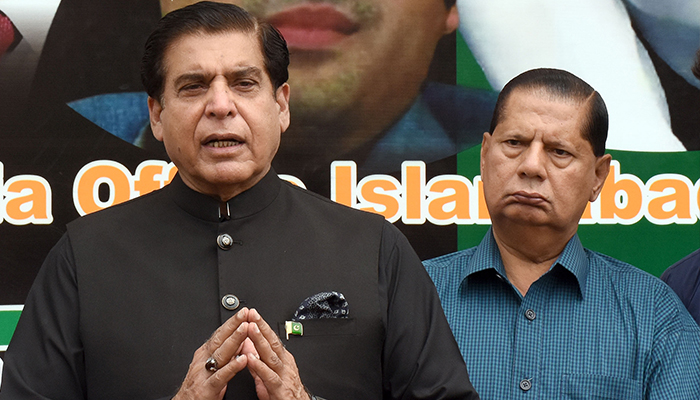 Former prime minister Raja Pervaiz Ashraf addresses a press conference in Islamabad, on August 25, 2021. — INP