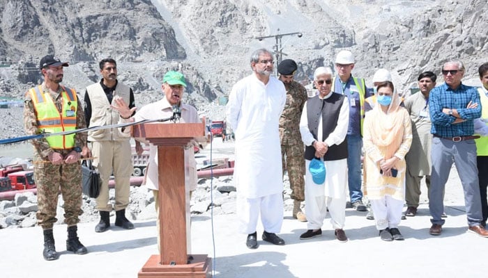 Prime Minister Shehbaz Sharif is addressing the local and Chinese engineers and labourers at Diamir Bhasha Dam construction site on April 17. Photo: PID